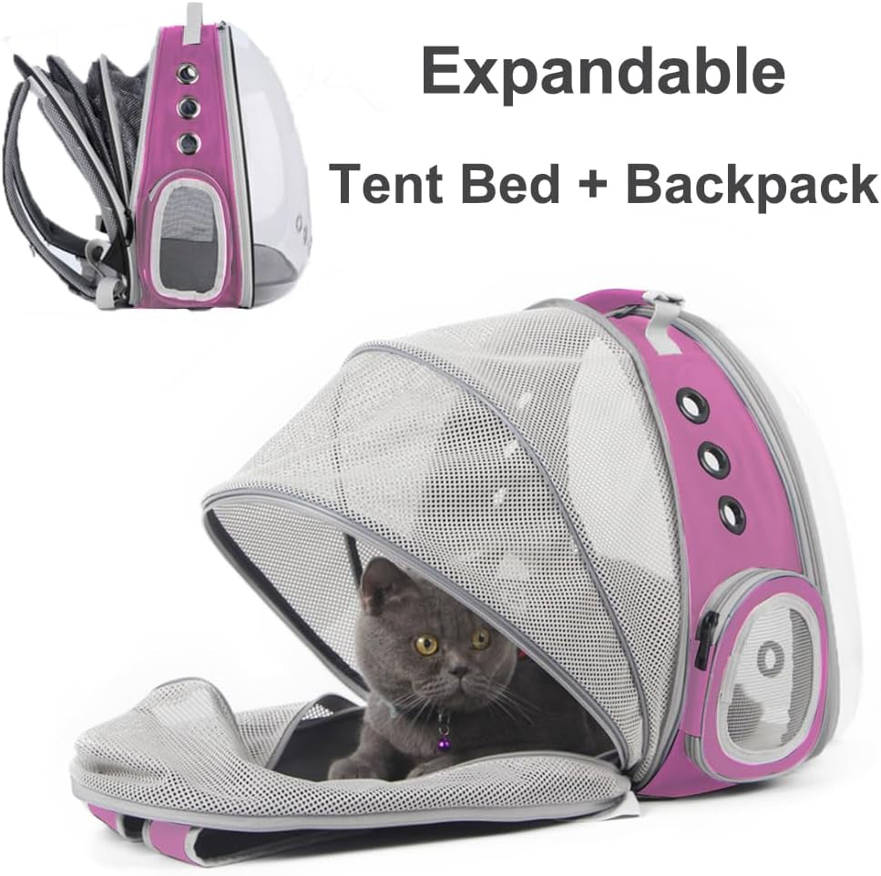 Expandable Pink Cat Backpack Carrier, Fit up to 12 Lbs, Space Capsule Clear Bubble Window Pet Carrier Backpack for Kitten Bunny Rabbit and Small Puppy