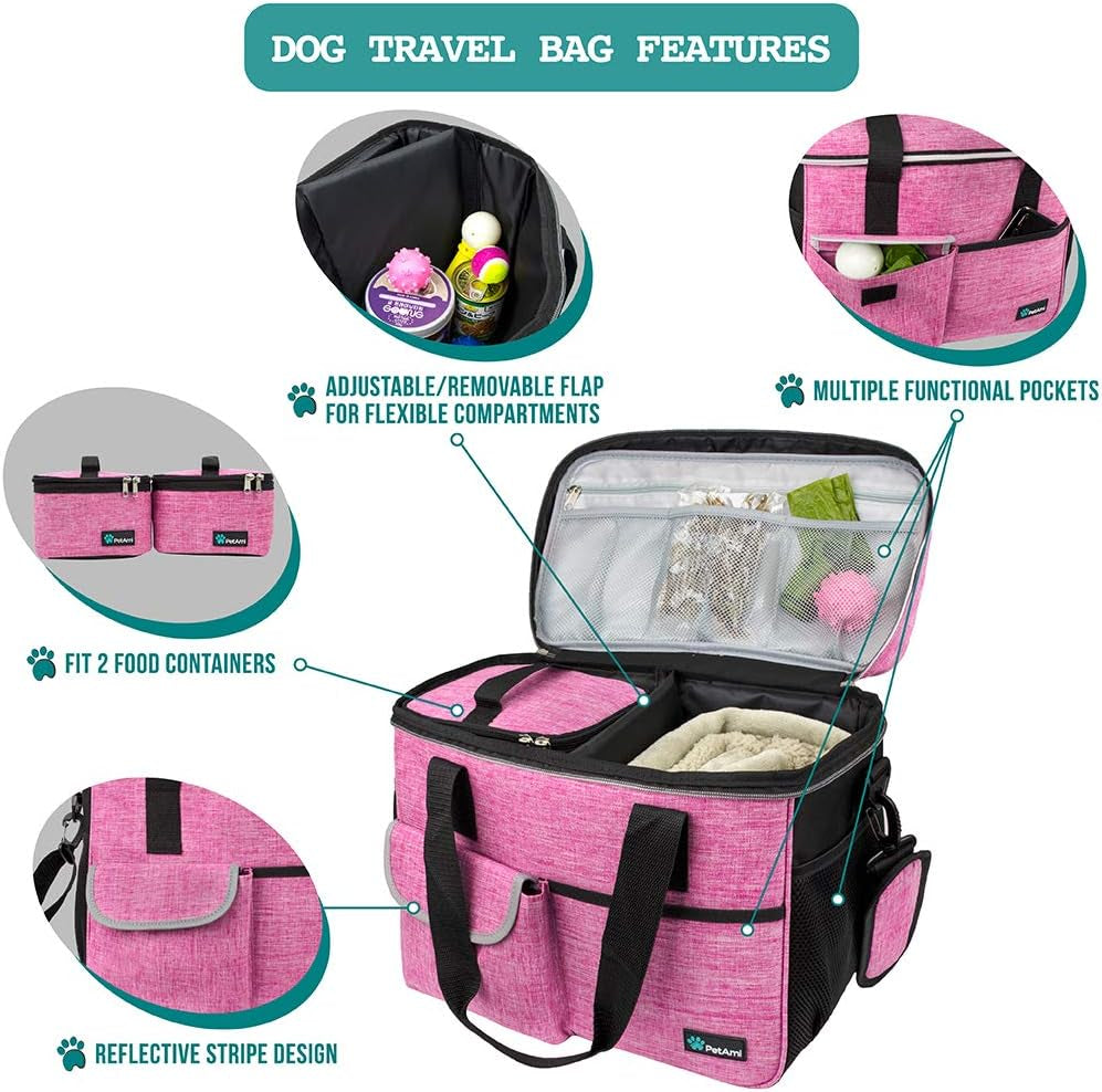 Dog Travel Bag, Travel Pet Bag Organizer, Dog Food Travel Bag with Food Container and Bowls, Dog Travel Supplies Gift Accessories for Weekend Camping, Dog Cat Diaper Bag (Pink, Medium)