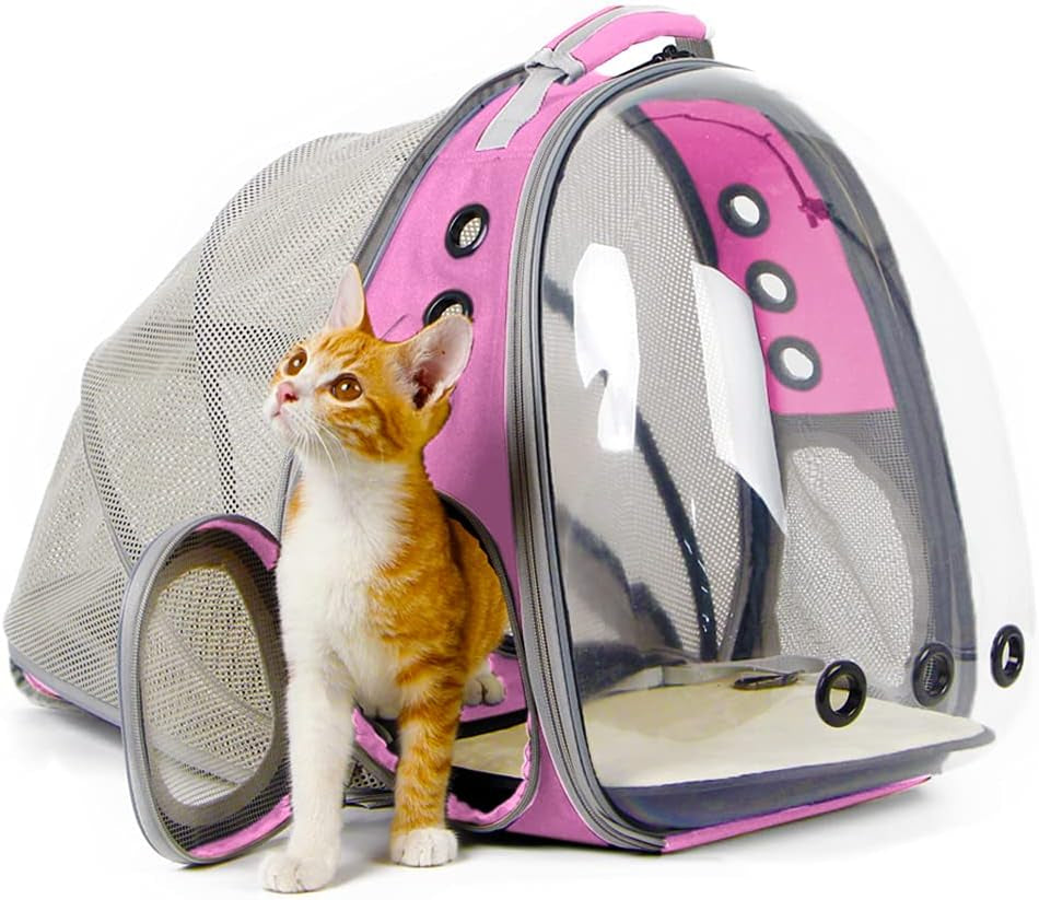 Expandable Pink Cat Backpack Carrier, Fit up to 12 Lbs, Space Capsule Clear Bubble Window Pet Carrier Backpack for Kitten Bunny Rabbit and Small Puppy